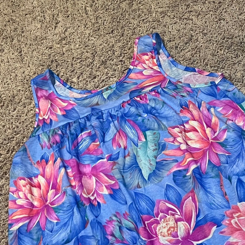 Lorraine Vintage Floral Nightgown Blue Pink Lotus Print Ruffle Hem Sleep Dress
